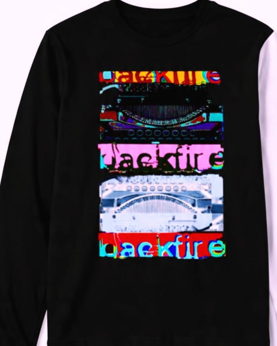 Black long-sleeve shirt with the Backfire print on the chest.